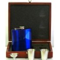 Engraved Hip Flask Captive Lid 6oz Blue stainless steel in piano wooden box