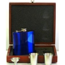 Engraved Hip Flask Captive Lid 6oz Blue stainless steel in piano wooden box