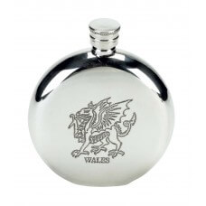 Personalised Wales Welsh Dragon  6oz Round English Pewter Hip Flask