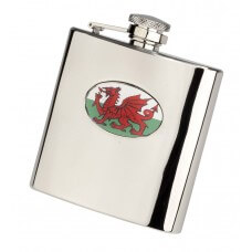 Welsh Badge Stainless Steel Hip Flask  6oz Polished
