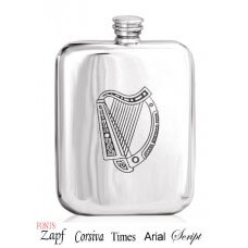 Personalised Irish Harp Design 6oz English Pewter Hip Flask